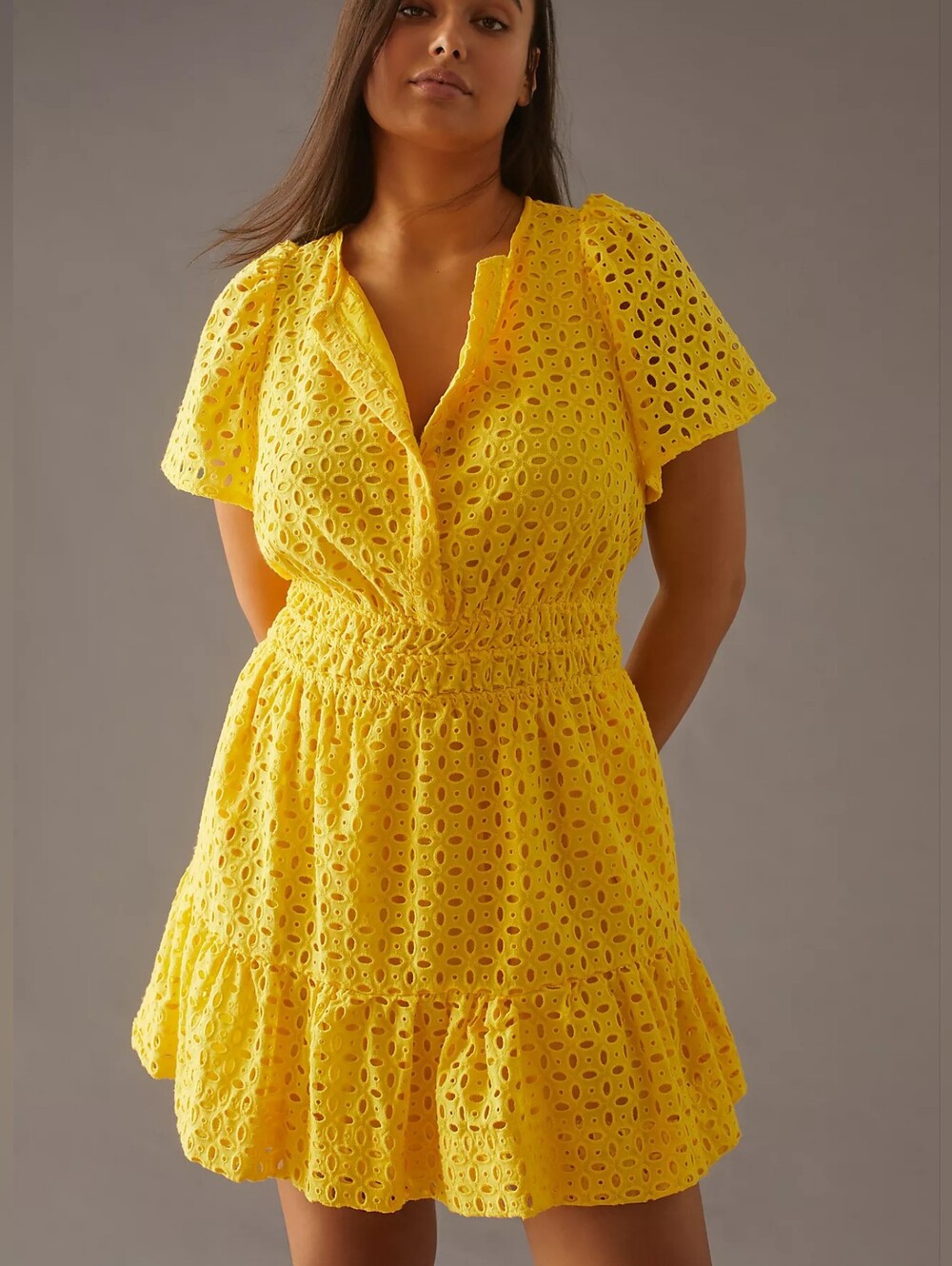 Anthropologie Women Somerset Eyelet Mini Dress 1X Yellow Cotton Boho Romantic